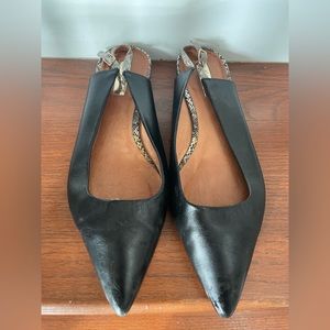 Halogen, flat leather sling back, snake skin print strap